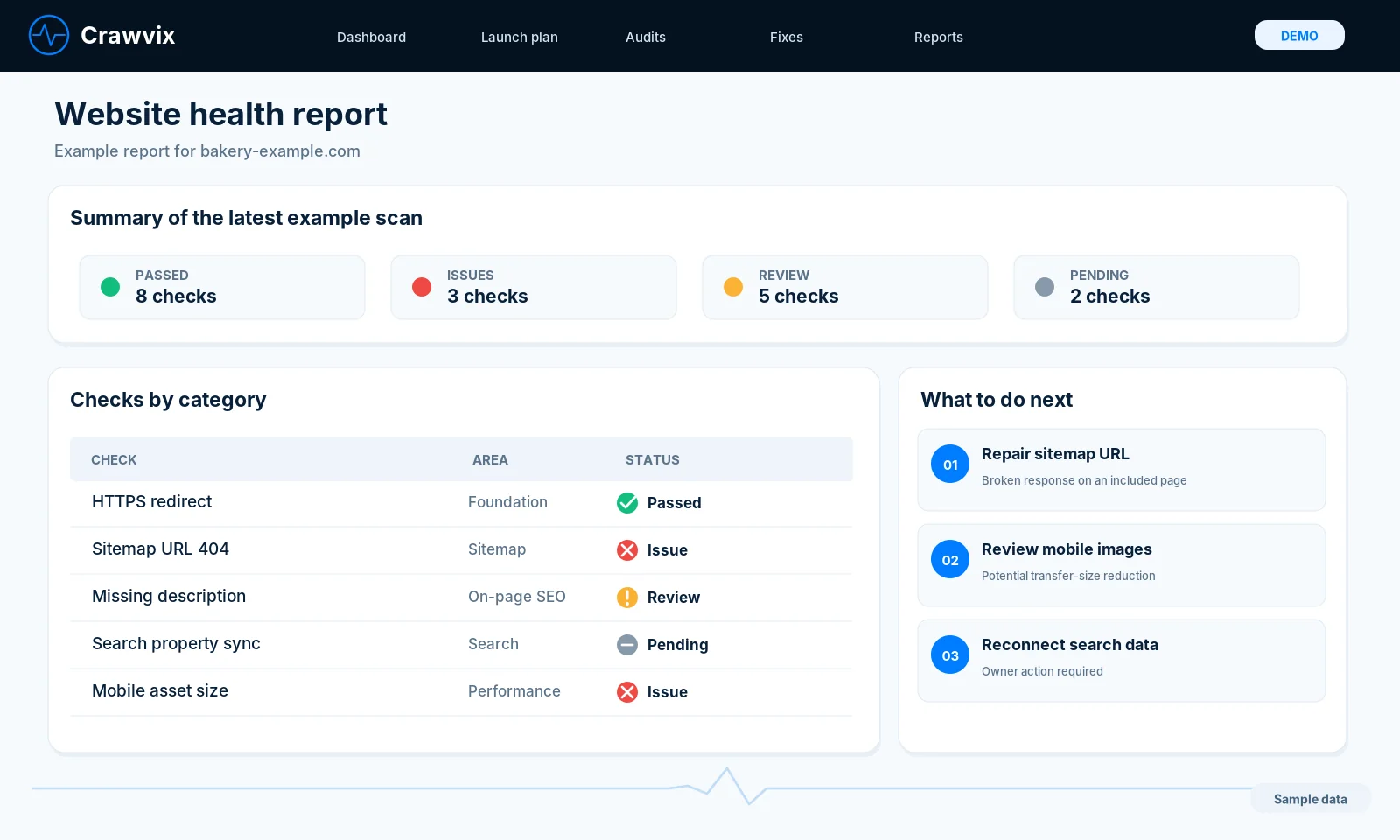 Illustration of a website health report: counts of passed checks, issues, items to review and pending checks, a table of checks by category and three next steps. Demo data.