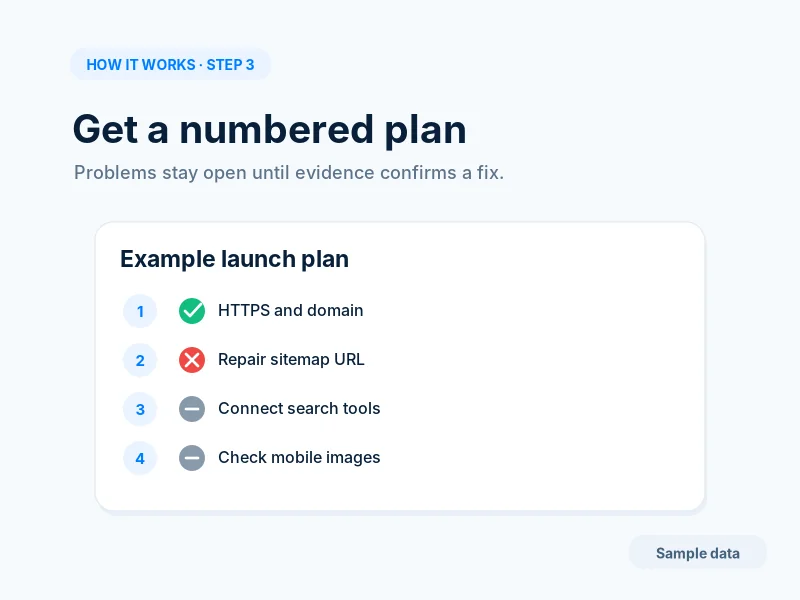 Example step 3: a numbered launch plan with one passed item, one failing item and two not checked yet. Sample data.
