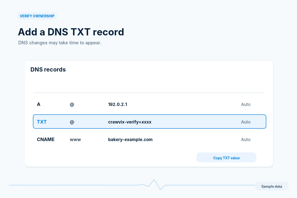 Example DNS record list with a highlighted verification TXT record