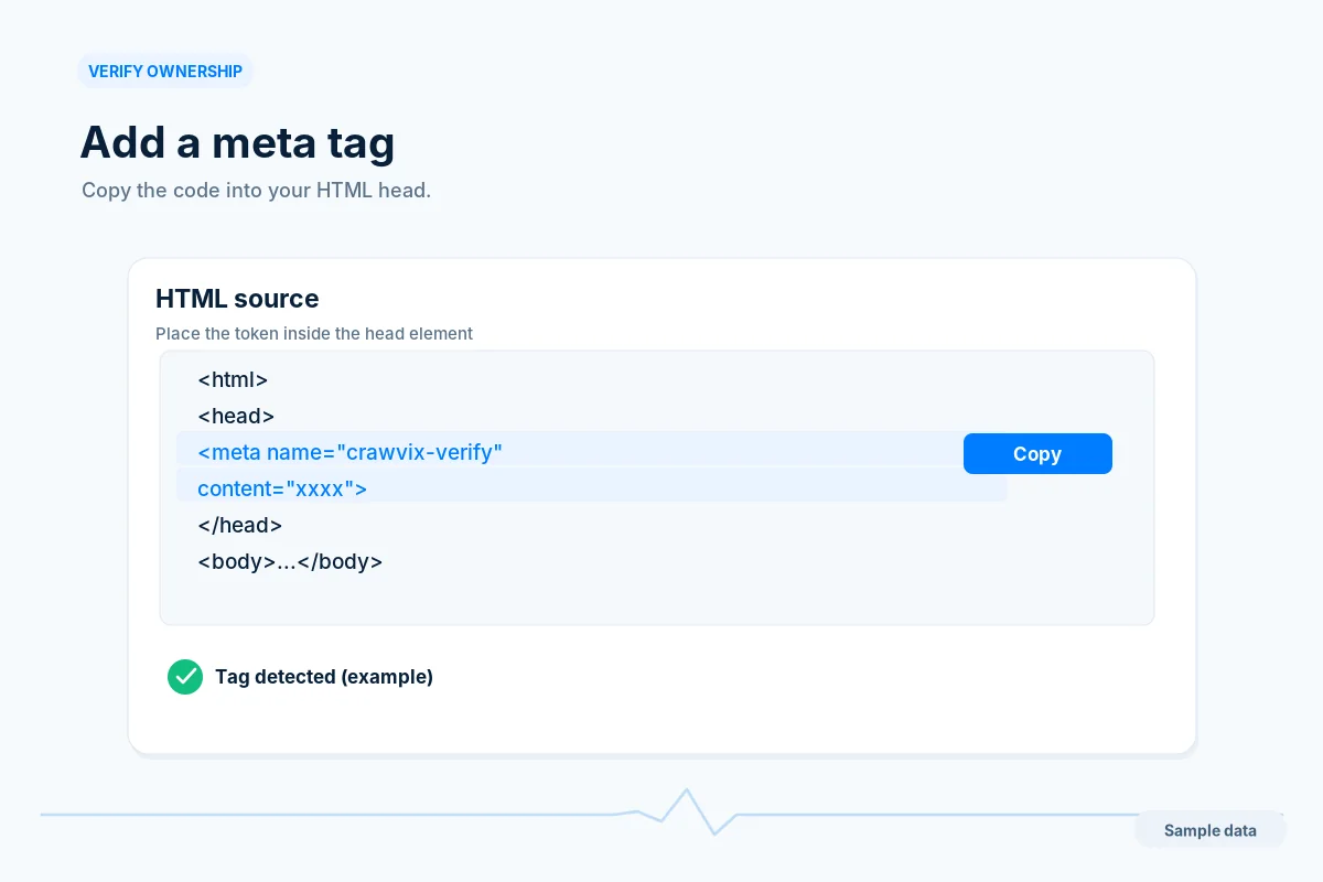 Example page head showing the website verification meta tag